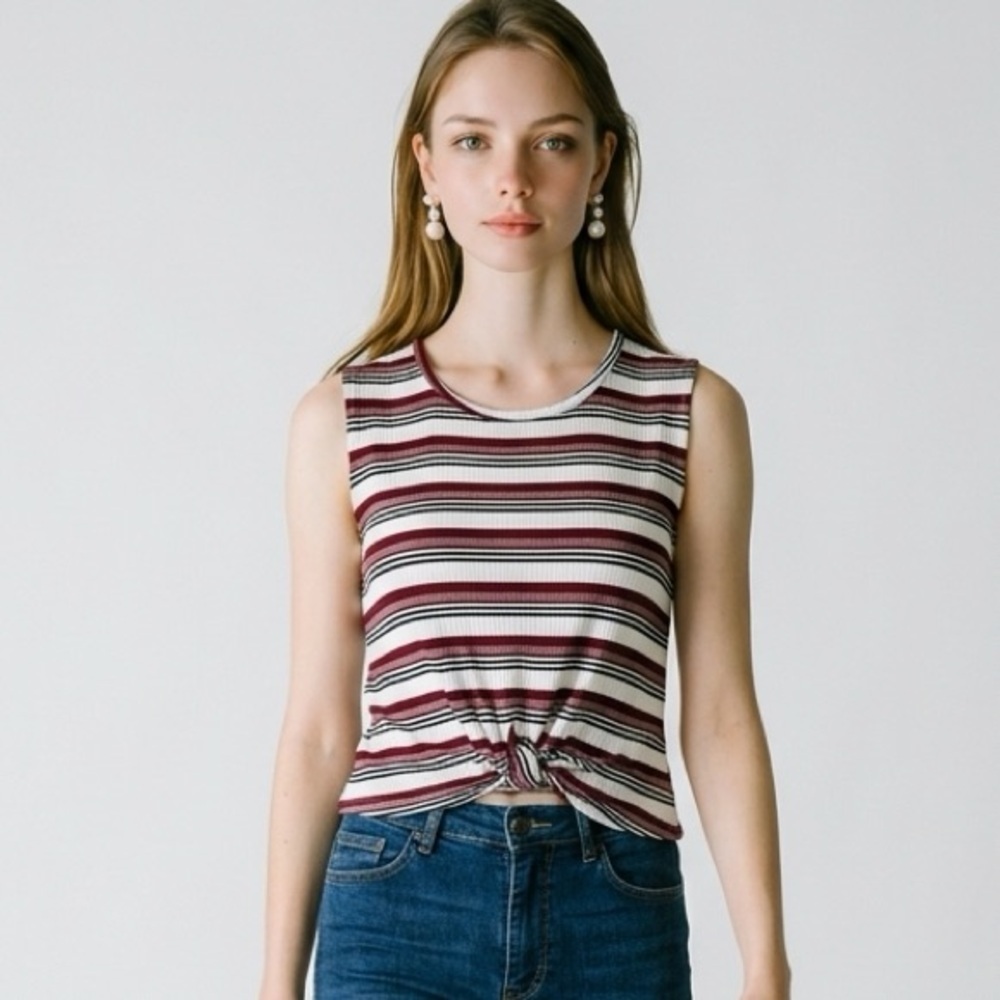 EUC Adara Women's Maroon White Striped Sleeveless Top - Tie Detail - Size L